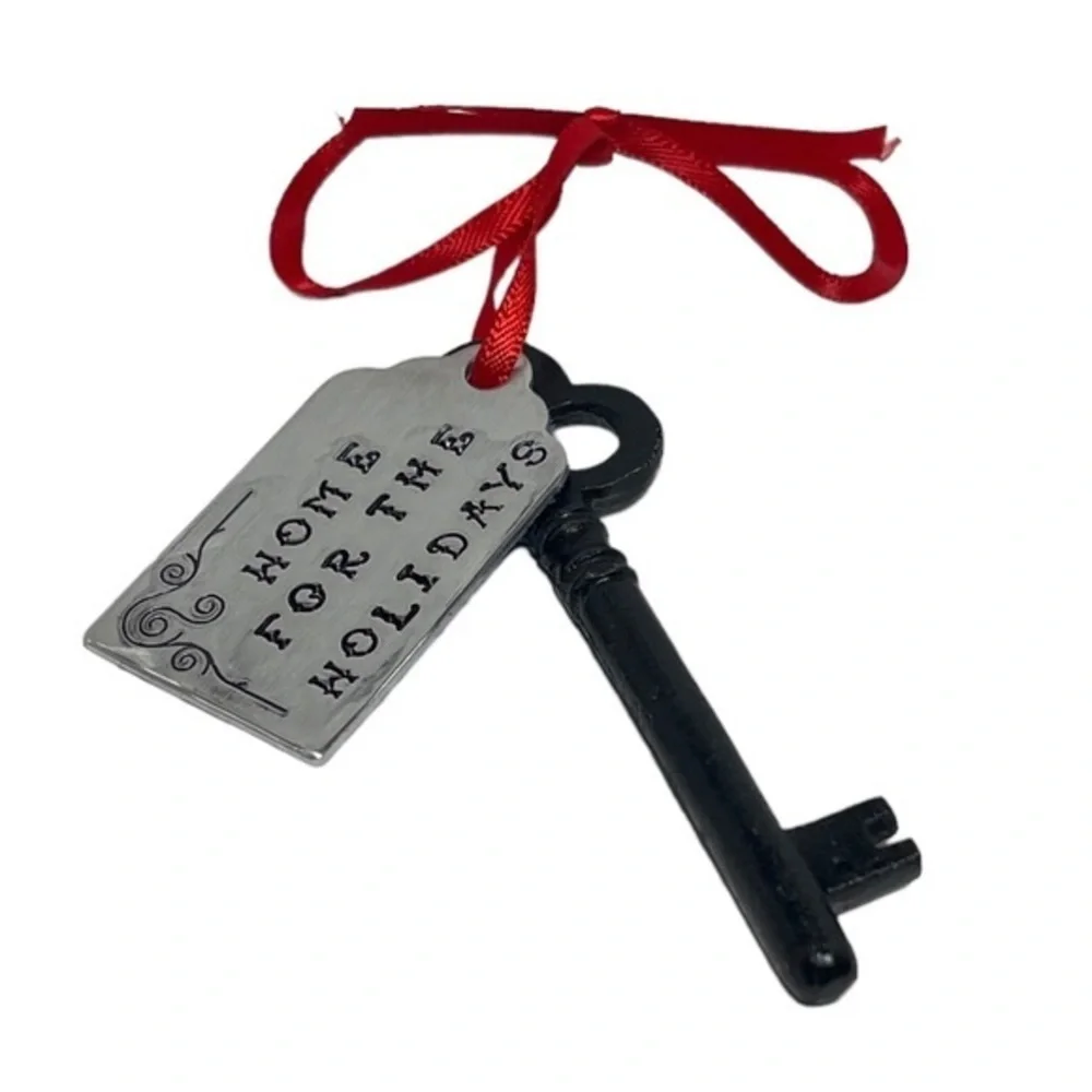 Handmade‎ stamped silver aluminum tag cast iron skeleton key holiday ornament